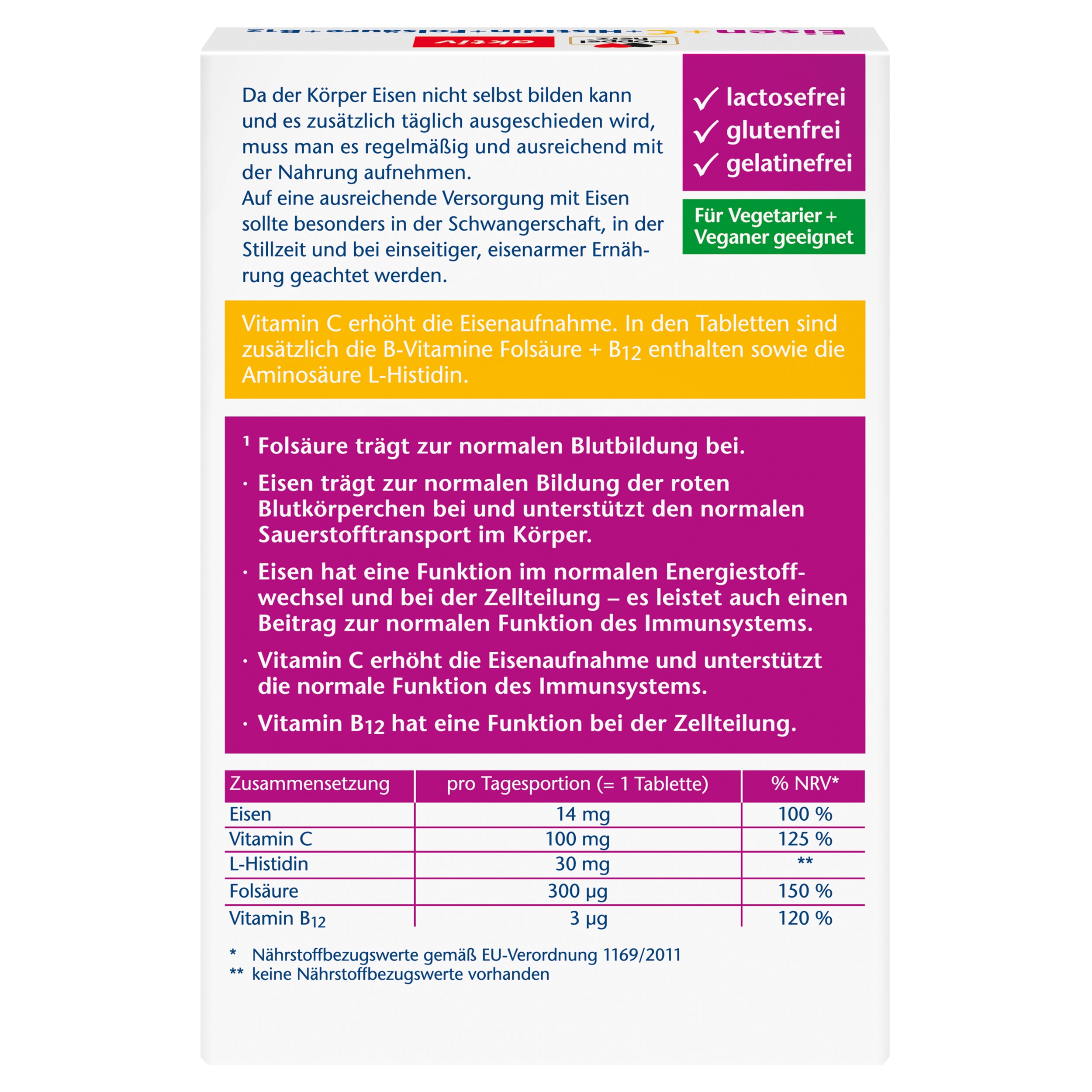 Eisen + C + Histidin + Folsäure (30 Tabletten)