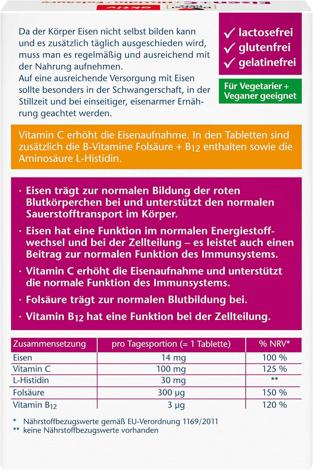 Eisen + C + Histidin + Folsäure (30 Tabletten)