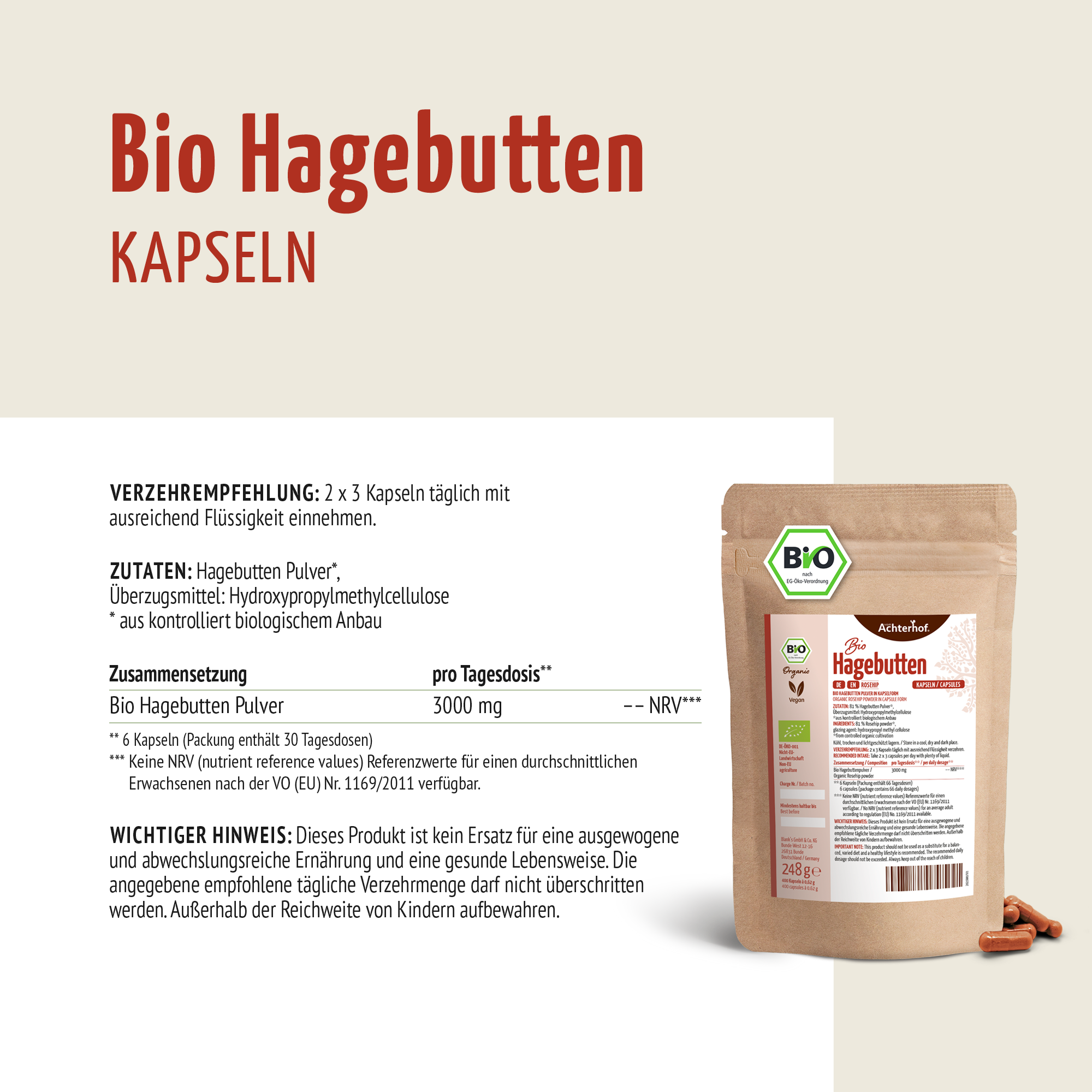Bio Hagebutten Kapseln Nachfüllpack (400 Kapseln)