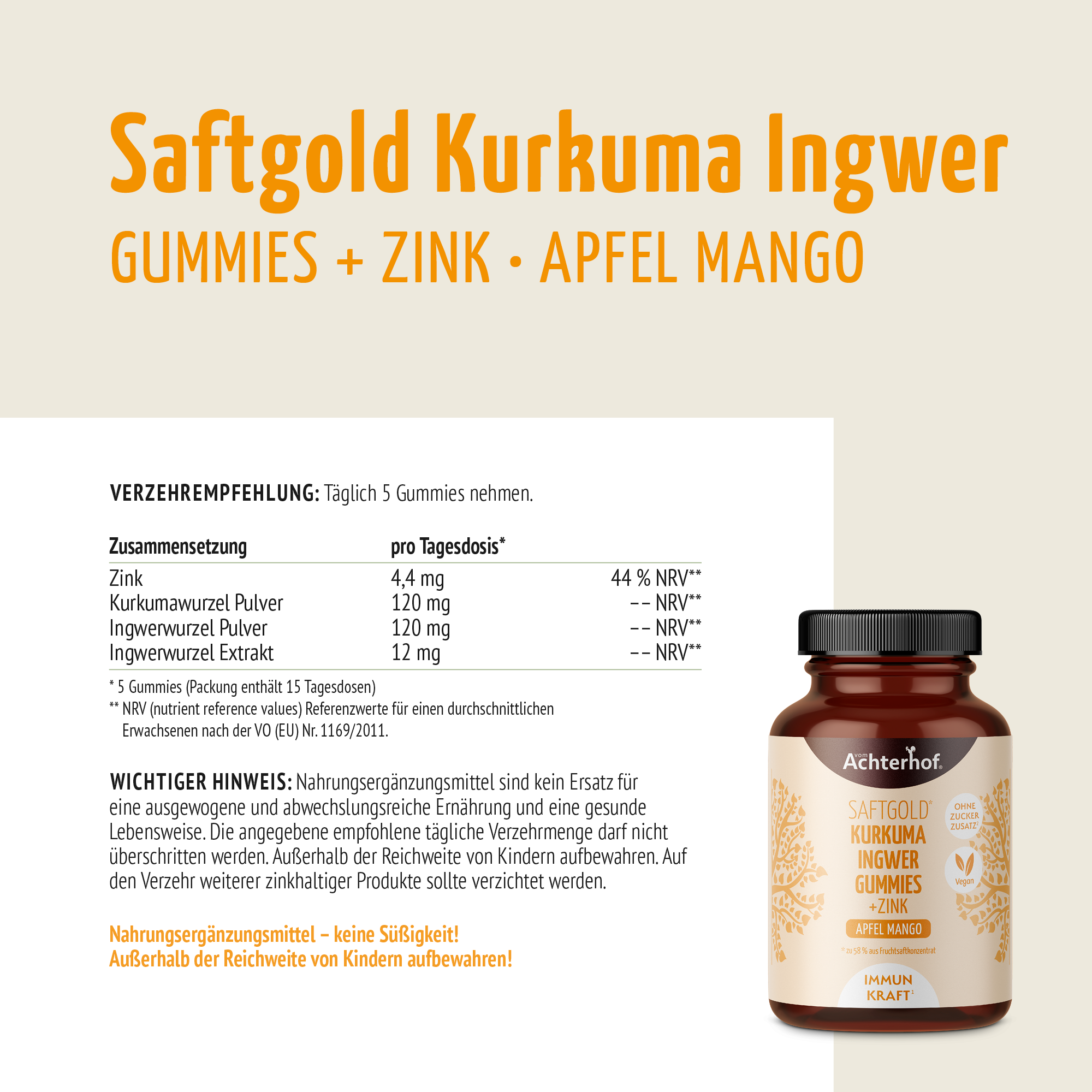 Saftgold Kurkuma Ingwer Gummies Apfel Mango + Zink (75 Stück)