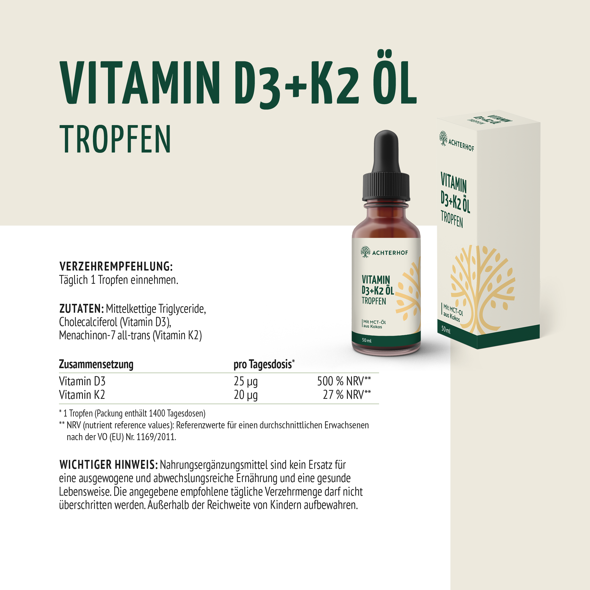 Vitamin D3+K2 Öl Tropfen (50ml)