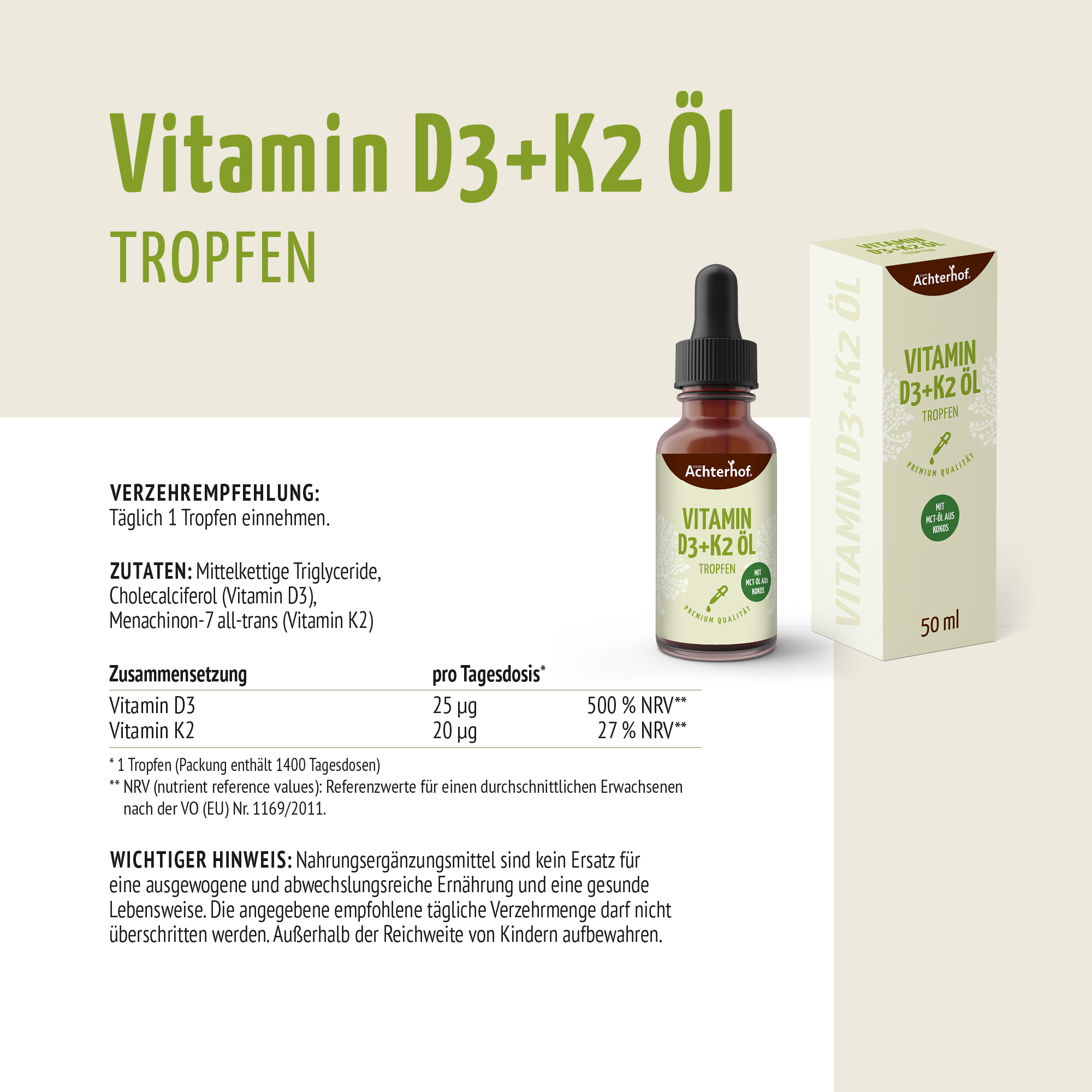 Vitamin D3+K2 Öl Tropfen (50ml)