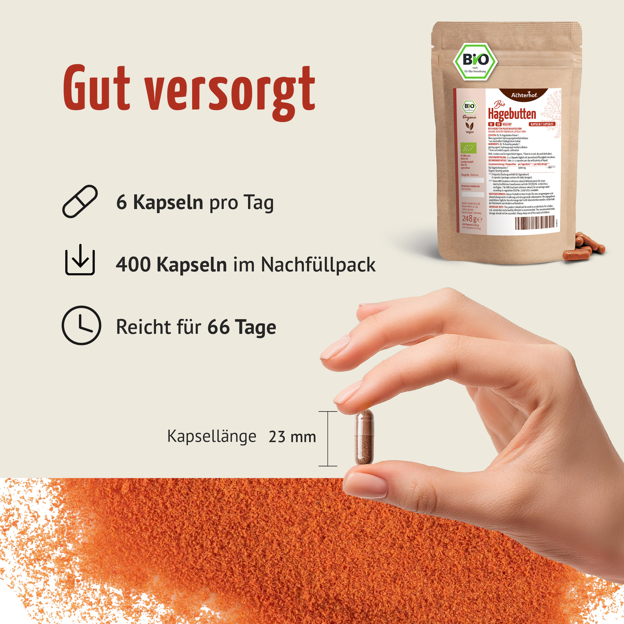 Bio Hagebutten Kapseln Nachfüllpack (400 Kapseln)