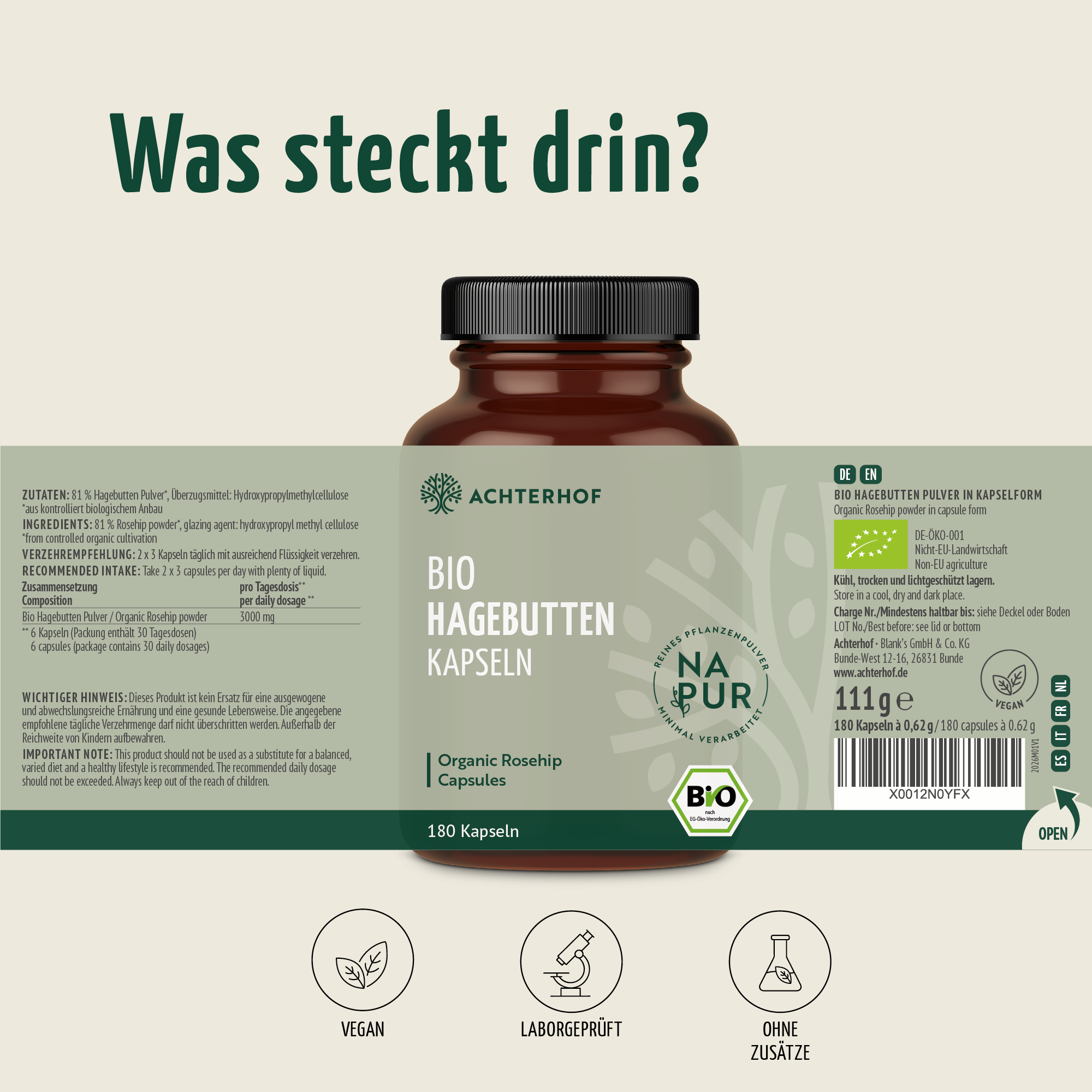 Bio Hagebutten Kapseln (180 Kapseln)