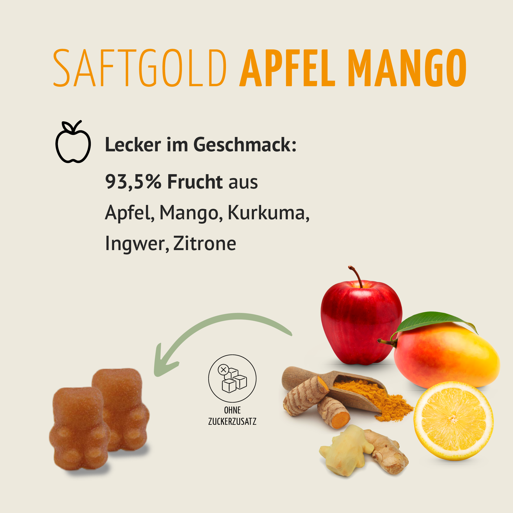 Saftgold Kurkuma Ingwer Gummies Apfel Mango + Zink (75 Stück)