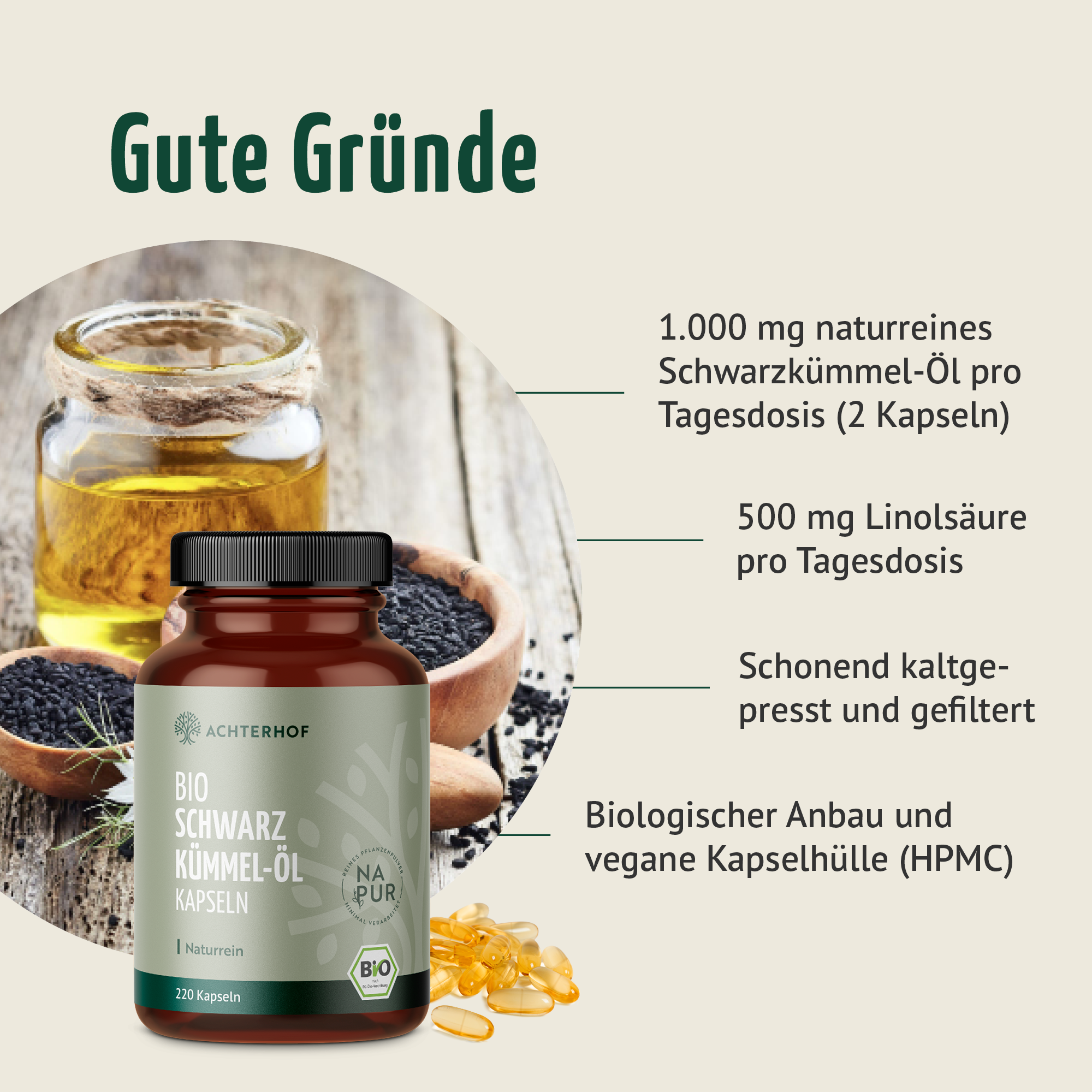Bio Schwarzkümmel-Öl Kapseln (220 Kapseln)