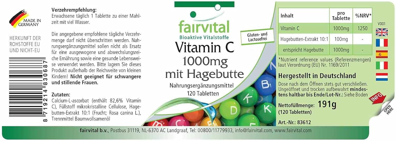 Vitamin C 1000mg mit Hagebutten (120 Tabletten)